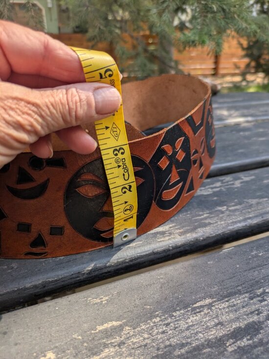 Artisanal hand-carved leather totem belt with brass v-tip Boho ethnic Tribal. main image 4